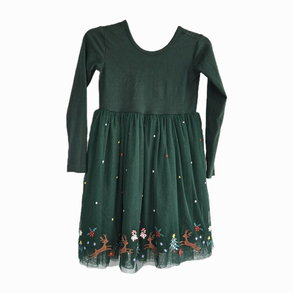 Hanna Andersson Long Sleeve Shimmer Tulle Dress Size 6-7 Reindeer Embroidery
